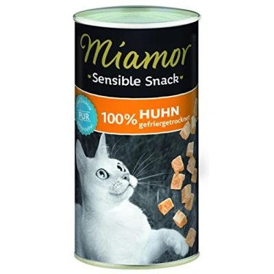 Abbildung von MIAMOR Sensible Snack aus 100% Hühnerbrustfilet zum Verwöhnen ernährungssensibler Katzen. Ergänzungsfutter im in praktischer Dose ohne jegliche Zusätze 12x30g Huhn
