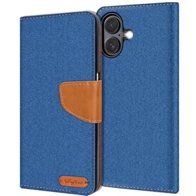 Abbildung von Verco kompatibel mit Apple iPhone 16 Hülle, Schutzhülle für Tasche Denim Textil Book Case Flip Klapphülle Blau