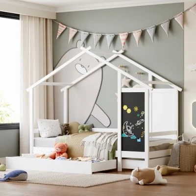 Abbildung von jeerbly Kinderbett 90x200 cm, Hausbett Kinder mit 2 Schubladen, 1 Tafel, Rausfallschutz und Rolllattenrost, Montessori Bett Bodenbett aus Kiefer, Mädchen Jugendbett Einzelbett Weiß