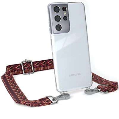 Abbildung von EAZY CASE Handykette Verstellbarer Trageriemen kompatibel mit Samsung Galaxy S21 Ultra, dünner Riemen, Festivalbag transparentem Cover, zum Umhängen, Rot/Braun Verschluss Silber