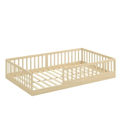 Abbildung von CADANI Timi 2in1 Bodenbett 120x200 cm Montessori Kinderbett mit abnehmbaren Rausfallschutz inkl. Lattenrost, Kiefer Massivholz, Natur 3 Aufbauvarianten, bis 200 kg belastbar, umbaubar