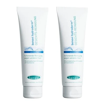 Abbildung von benevi hydroderm Gesichts Reinigung 2 x 125 ml für unreine und zu Akne neigende Haut auch begleitend bei einer Therapie reinigt schonend beseitigt zugleich effektiv den störenden Fettglanz