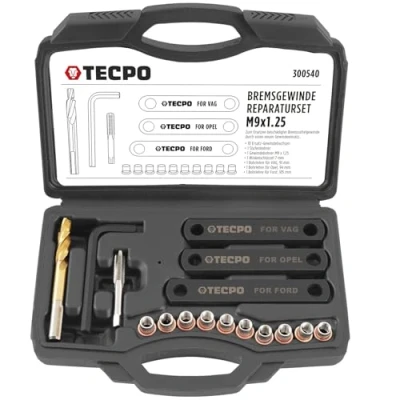 Abbildung von TECPO Bremsgewinde Reparatur Set, 16 TLG. M9 x 1,25 Gewindebohrer mit Gewindebuchsen Führungsbolzen Gewindereparatur Werkzeug Gewindehülse