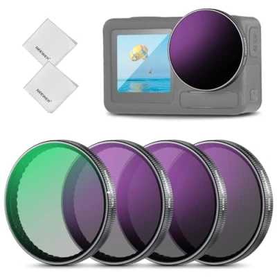 Abbildung von NEEWER ND Filter Set kompatibel mit DJI Osmo Action 5 Pro/4/3, 4er Pack mehrfach beschichtetes optisches HD Glas Snap On ND8/ND16/ND32/CPL Graufilter Polfilter, Actioncam Zubehör 2x Reinigungstuch