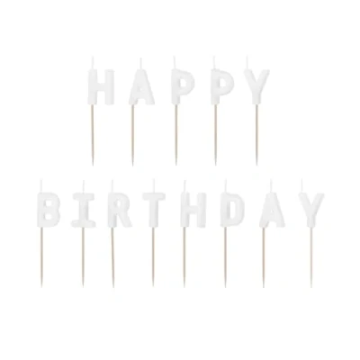 Abbildung von Geburtstagskerzen Happy Birthday 2,5cm 13er Set Buchstabenkerzen Schriftzug Geburtstag Partydeko Kuchenkerzen Tortenkerzen Kuchedeko Tortendeko Weiß