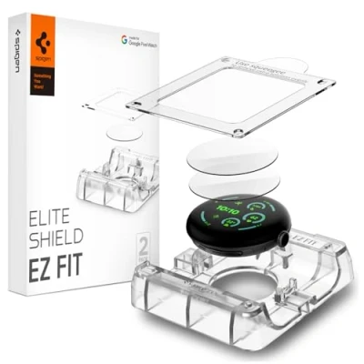 Abbildung von Spigen Eliteshield EZ Fit Schutzfolie kompatibel mit Google Pixel Watch 3 45mm, 2 Stück, Positionierhilfe für Installation, Anti Kratzer, EPU Folie