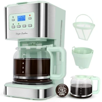 Abbildung von Taylor Swoden Kaffeemaschine mit Timer, 1.5L Filterkaffeemaschine 12 Tassen, Abschaltautomatik, Tropf Stopp, Wiederverwendbarem Filter und Heizplatte, BPA frei, 950W, Grün
