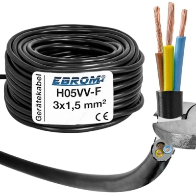 Abbildung von EBROM Kunststoff Schlauchleitung RUND, Kabel, Stromkabel, Leitung, Gerätekabel H05VV F 3x1,5 mm² 3G1,5 mm2 Farbe: schwarz Viele Längen in 5 m Schritten bis 150 Meter, Ihre Kabellänge: 25 Meter