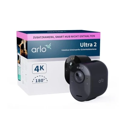 Abbildung von Arlo Ultra 2 Überwachungskamera Außen, Zusatzkamera schwarz, CCTV Sicherheitskamera, Innen &amp; Verkabelt Kabellos, FCC, CE, IC, EU RoHS, REACH, EuP1275, WERCS, Wand / Mast, Cube