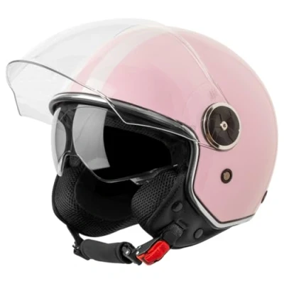 Abbildung von VINZ Arenas Jethelm mit Doppelvisier Roller Helm Fashionhelm Streifen In Gr. XS XXL Jet Sonnenblende ECE 22.06 Zertifiziert Motorradhelm Visier Rosa