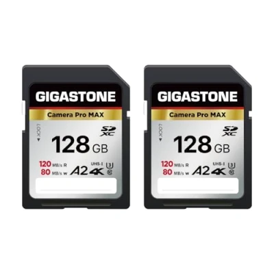 Abbildung von Gigastone A2 V60 SDXC Speicherkarte, 128GB, 2 Stück, 4 K Pro, Geschwindigkeit 120 MB/s, kompatibel mit Canon Nikon Sony Panasonic U3 UHS I Klasse 10 für 4K UHD Video, Mini Hüllen