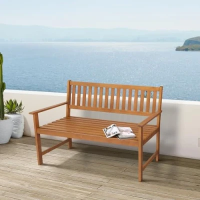Abbildung von casa.pro Gartenbank Canzano Holzbank wetterfest 2 Sitzer Lehnenbank Outdoor Sitzbank mit Armlehnen Eukalyptusholz Friesenbank 120 x 58 90 cm