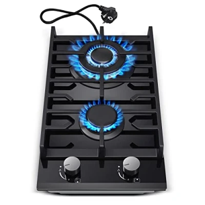 Abbildung von TopStrong Gaskochfeld 2 Flammig, 30cm Gehärtetes Glas Gaskochfeld, Einbau mit Gusseisernen Stützen, Erdgas/Propangas Konvertierbar, Flammenschutz, 5200W, Schwarzes