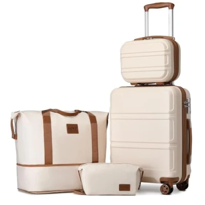 Abbildung von Kono Koffer Set Gepäcksets 4 Teilig Hartschale, Handgepäck 55cm mit Rollen und TSA Schloss Der Reisekoffer Enthält 1 Kosmetikkoffe Reisetasche Kulturbeutel (Weiß/Braun)