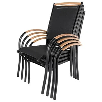 Abbildung von ib style 4er Set Diplomat Stapelstuhl Schwarz Gartenstuhlset Stapelbar Aluminium Mehrfach gewebt Teak