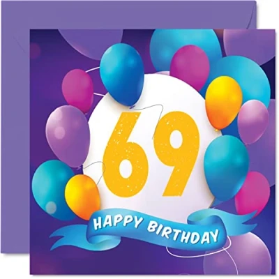 Abbildung von Geburtstagskarte zum 69. Geburtstag für Männer und Frauen Ballon Party Happy Birthday Cards 69 Jahre alte Männer, Frau, Mutter, Vater, Tante, Onkel, Großvater, Oma, Opa, 145 mm x