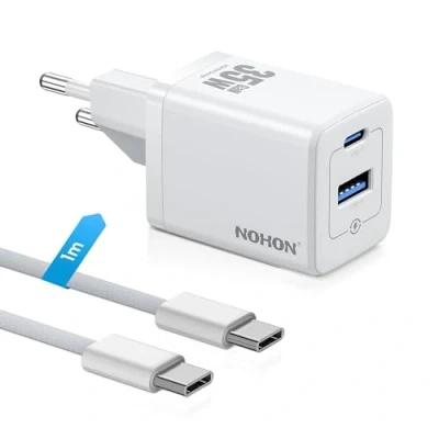 Abbildung von NOHON USB C Ladegerät Schnellladegerät: 35W Netzteil mit 60W Typ 1M Ladekabel, 2 Port GaN Handy Ladestecker Kompatibel iPhone 15/14/13/12 Mini Pro Max, iPad Air/Pro, Samsung, Pixel (Weiß)