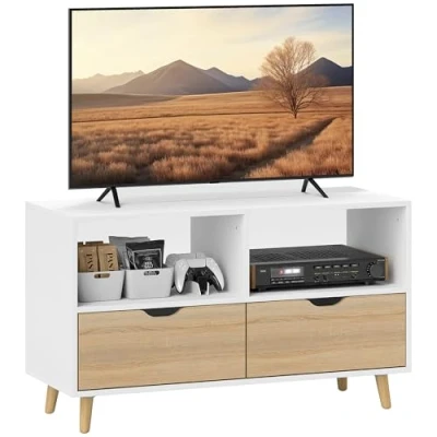 Abbildung von HOMCOM TV Schrank Lowboard mit 2 Ablage, Schublade, 99 cm lang Fernsehtisch für Fernseher, Board Wohnzimmer, Weiß