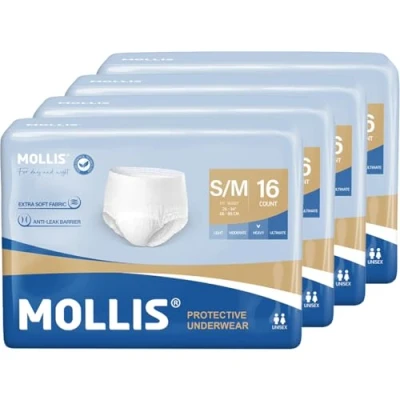 Abbildung von MOLLIS Inkontinenz Pants Erwachsene, Saugfähige Windelhosen für Männer und Frauen, Atmungsaktive Einweghosen, Optimaler Auslaufschutz über Nacht, Unisex, Größe S/M, 64 Stück