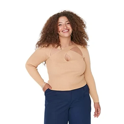 Abbildung von Trendyol Damen Pullover mit V Ausschnitt, einfarbig, figurbetont, Übergröße Sweatshirt, Camel, 50