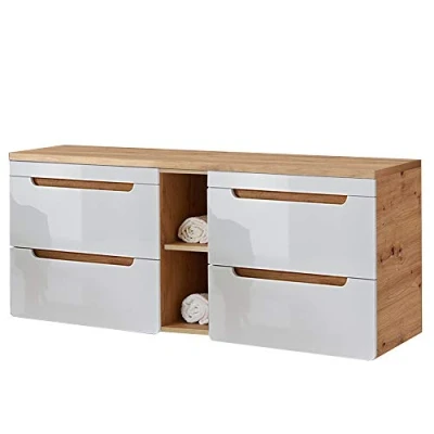 Abbildung von Lomadox Badmöbel Waschtisch Unterschrank Set, Hochglanz weiß, Wotaneiche, 4 Softclose Auszüge, 1 Regal, B/H/T ca. 141/61,5/46 cm