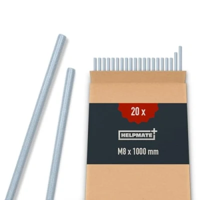 Abbildung von HELPMATE Gewindestange M8 x 1000 mm aus verzinktem Stahl 20 Stück Gewindestab mit metrischem Vollgewinde Gewindestift Festigkeitsklasse 4.8, DIN 976