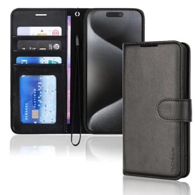 Abbildung von TECHGEAR hülle iPhone 15 Pro Max Leder klappbar, PU Flip Schutzhülle Ledertasche [Brieftasche] Handyhülle mit Ständer und Handschlaufe Schwarz Kompatible