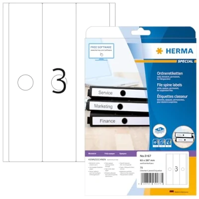 Abbildung von HERMA 5167 Hängeordner Etiketten lang breit, 25 Blatt, 63 x 297 mm, 3 pro A4 Bogen, 75 Stück, selbstklebend, bedruckbar, blickdicht, blanko Papier Ordneretiketten Rückenschilder Aufkleber, weiß