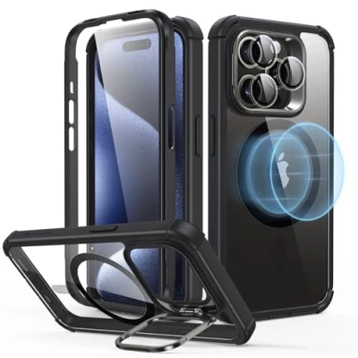 Abbildung von ESR für iPhone 15 Pro Hülle, Kompatibel mit MagSafe, 360 Grad Schutzhülle Stoßfest Militärnorm Magnetische Handyhülle Kameraschutz Ständer, 2 teilige robuste Hülle Klares Schwarz