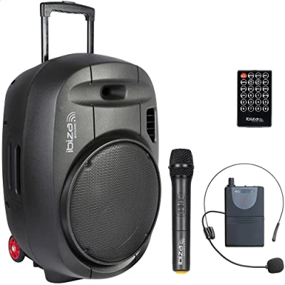 Abbildung von PORT15UHF MKII IBIZA Tragbarer Lautsprecher 15&quot;/800W MAX mit 2 Mikrofonen (UHF), Fernbedienung und Schutztasche Bluetooth, USB, SD 5 7 Std. Wiedergabezeit