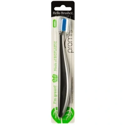 Abbildung von promis brush nachhaltige Zahnbürste aus nachwachsenden Rohstoffen Bioplastik weiche 6750 Borsten recycelte Verpackung made in Germany Italian Design (singlepack, black ocean)