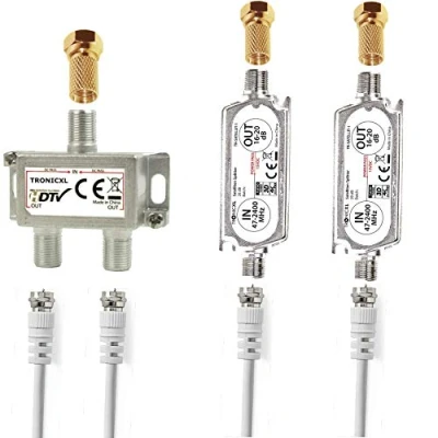 Abbildung von TronicXL Premium 2 Fach Antennenverteiler Splitter mit 40dB (2 x 20dB) Sat Verstärker digital HD I für Satellit TV DVBT DVBS Unicable 3D 4K HDTV Verteiler Weiche Inline Fernseher