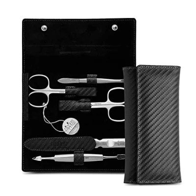 Abbildung von nippes Solingen Premium Line Maniküre Set Karbon, 5 teilig, Edelstahl rost und nickelfrei, Rindsleder Etui mit Reißverschluss, Schwarz, Nagelpflege Set, Pediküre Maniküre, Made in Germany