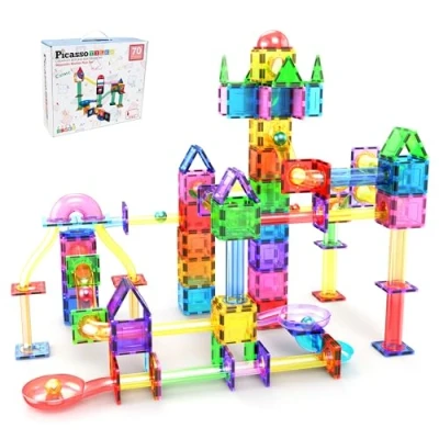 Abbildung von PicassoTiles 70 Stück Murmelbahn Rennbahn Magnetische Fliesen Magnet Baustein Pädagogisches Konstruktionsspielzeug Set Spielset STEM Lernkit Kind Gehirnentwicklung HandAuge Koordination Training PTG70