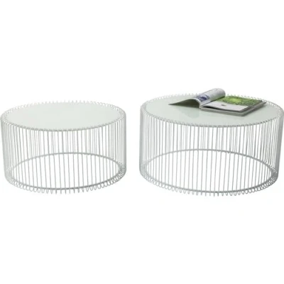 Abbildung von Kare Design Beistelltisch Wire (2/Set), Weiß, 70cm Durchmesser, Beistelltisch, Nachttisch, Stahlgestell, Glas Tischplatte, 34x70x70 cm (H/B/T)