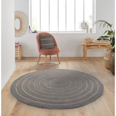 Abbildung von Atout Ciel Runder Teppich aus Baumwolle, geflochten, Jute Effekt, gestreift, Grau, 80 cm