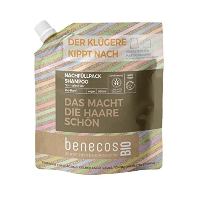 Abbildung von benecosBIO Nachfüllbeutel Shampoo Normales Haar BIO Hanf DAS MACHT DIE HAARE SCHÖN vegan recyceltes Plastik