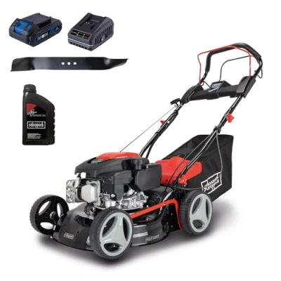 Abbildung von Scheppach Rasenmäher RM420AE 5in1 3,5PS Schnittbreite 420mm 45L Fangkorb Schnitthöhenverstellung 25 75 mm inkl. E Start, Radantrieb, Reinigungsfunktion &amp; Motorölzweitem Mähmesser