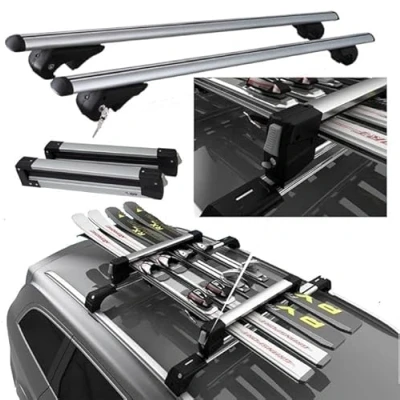Abbildung von Aluminium Dachträger + verschiebbarer Skiträger für 4 Paar Ski oder 2 Snowboards SEAT Alhambra III ab 2010 mit offenem Geländer