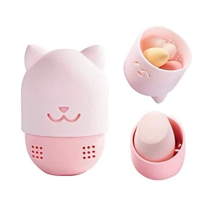 Abbildung von 1 x Make up Schwamm Halter, niedliche Katze, aus Silikon, für Kosmetikschwamm, Reise Etui, Mixer, Tragetasche (Pink)
