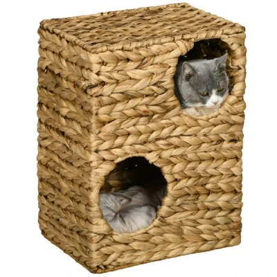 Abbildung von PawHut Kratzbaum 55 cm Hoch mit 2 Höhle, Kissen, Katzenbett, aus Wasserhyazinthengras, hellbraun