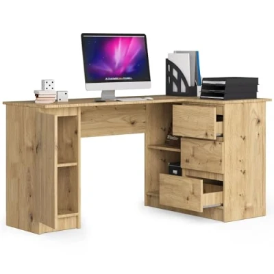 Abbildung von BDW Eckschreibtisch Rechts, 3 Schubladen und 4 Einlegeböden, viel Platz zum Ausbreiten, für Jugendzimmer, Büros Ateliers, Computertisch, Arbeitstisch, Bürotisch, 155x77x90, Eiche Artisan