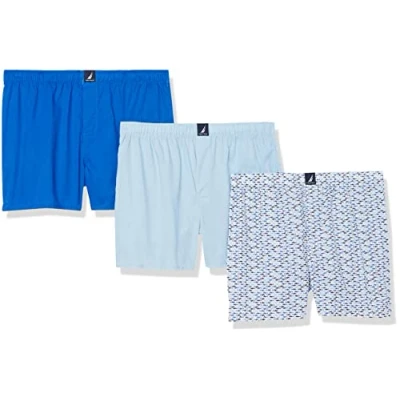 Abbildung von Nautica Herren Cotton Woven 3 Pack Boxers Boxershorts, Noon Blue/Spinner Blue/Shark Print Peacoat, Medium