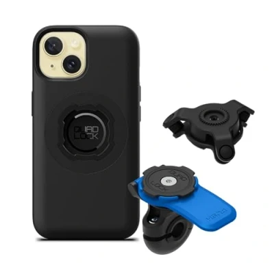 Abbildung von Quad Lock Motorrad Spiegel Handyhalterungs Set mit Vibrationsdämpfer und iPhone 15 MAG Hülle