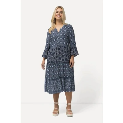 Abbildung von Ulla Popken Tiered Mixed Pattern 3/4 Sleeve Freizeitkleid, Damen, Größe: 50/52, Inky blue
