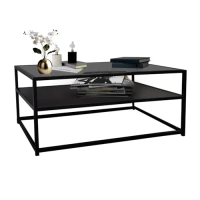 Abbildung von SEHAUSEU Couchtisch Wohnzimmertisch mit 2 Ablagen, Rechteckiger Kaffeetisch Sofatisch Beistelltisch, Tischplatte aus Glas, Metallgestell, Modernes und Einfaches Design, 110 x 60 45 cm, Schwarz