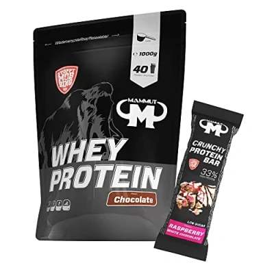 Abbildung von 1kg Mammut Whey Protein Eiweißshake Set inkl. Shaker, Riegel, Powderbank oder Tasse (Chocolate, Bar Raspberry)