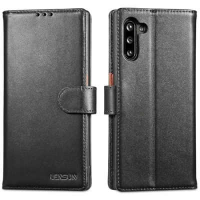 Abbildung von LENSUN Echtleder Hülle für Samsung Galaxy Note 10, Handyhülle [Echtes Leder] [Standfunktion] [RFID Schutz] Handytasche Lederhülle 10 Schwarz