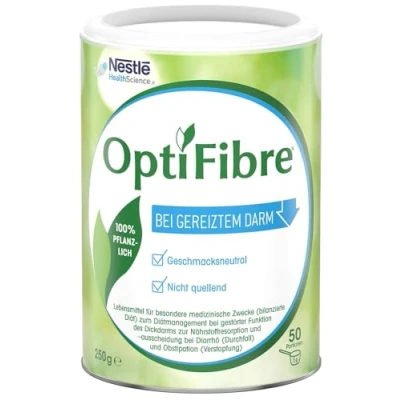 Abbildung von OptiFibre 250g Dose löslicher Ballaststoff bei gereiztem Darm kann die Darmflora wiederherstellen und Nährstoffaufnahme normalisieren100% pflanzlich geschmacksneutral, gut löslich ohne zu quellen