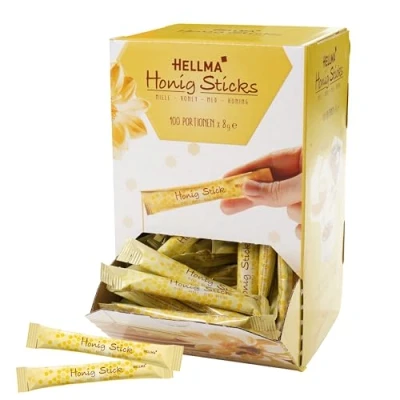 Abbildung von Hellma Honig Sticks 100 Stk. je 8 g süß 800 Vorrats Box einzeln, laktose und glutenfrei für Kaffee oder Tee
